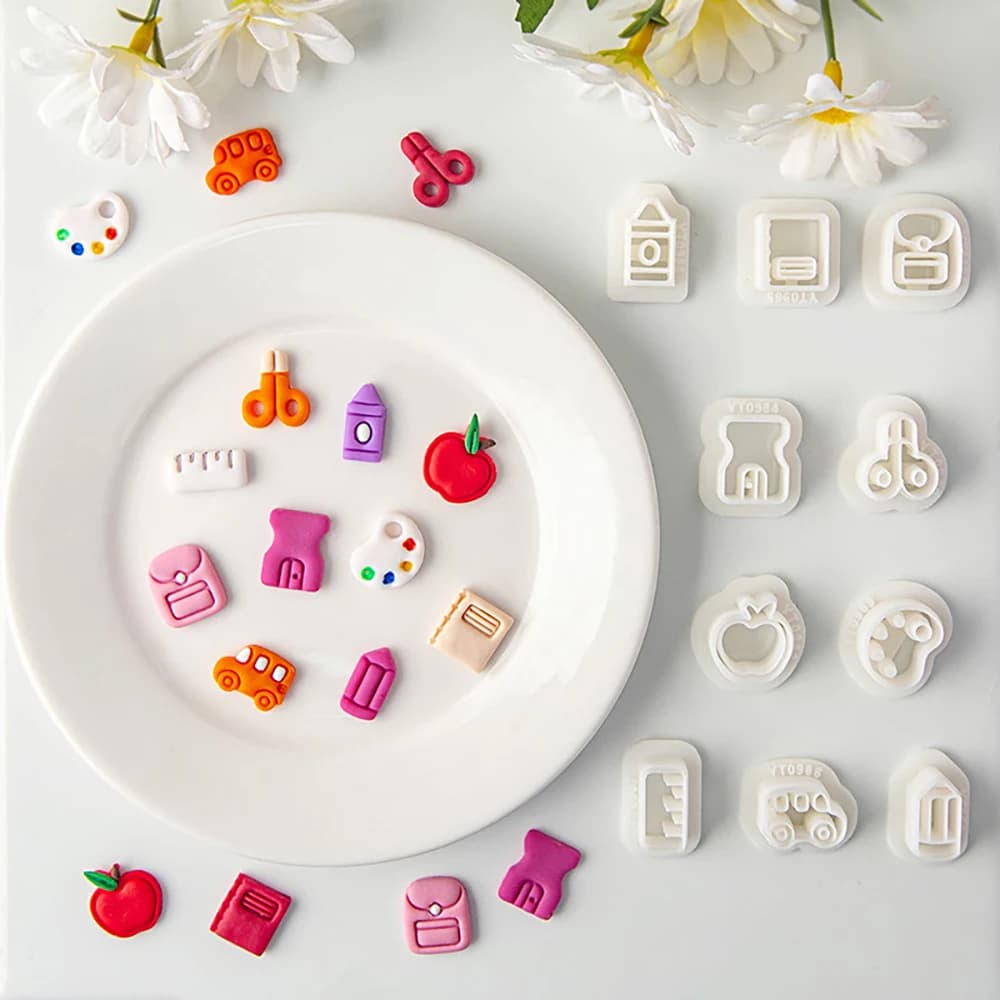10pcs/set Mini Stationery Series Soft Polymer Clay Cutters Backpack/Pencil/Scissors Shaped DIY Earrings Jewelry Cutting Die Mold