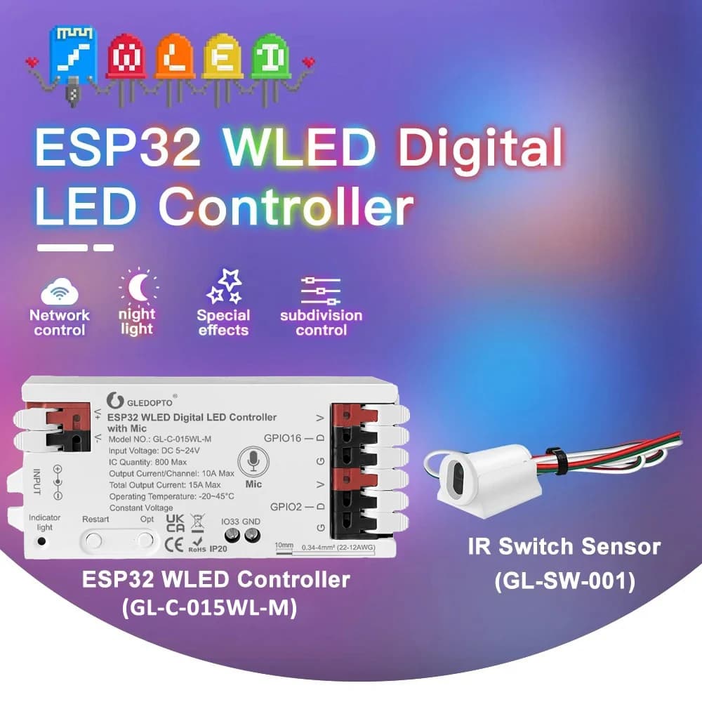 GLEDOPTO ESP32 WLED Controller LED RGBIC LED Strip Light Illuminazione dinamica Interruttore IR Sensore Gesto-Aware Trigger WS2811 SK6812