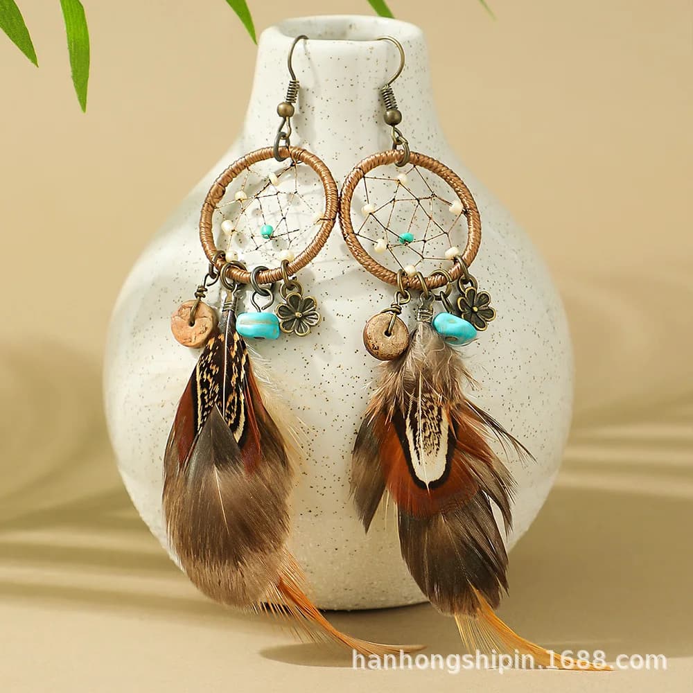 Europe and the United States hot-selling retro bohemian earrings handmade dream catcher feather earrings long fringed earrings w