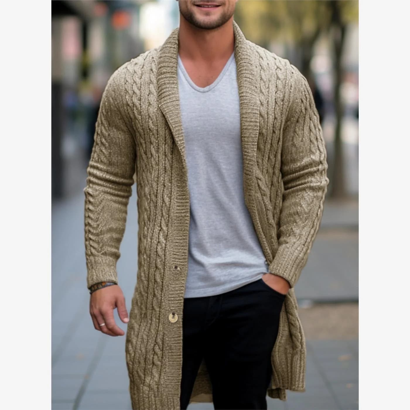Cardigan da Uomo a Maglia Lunga con Collo, in Lana e Cotone 100%, Lavorazione a Treccia Grossa, per Autunno Inverno