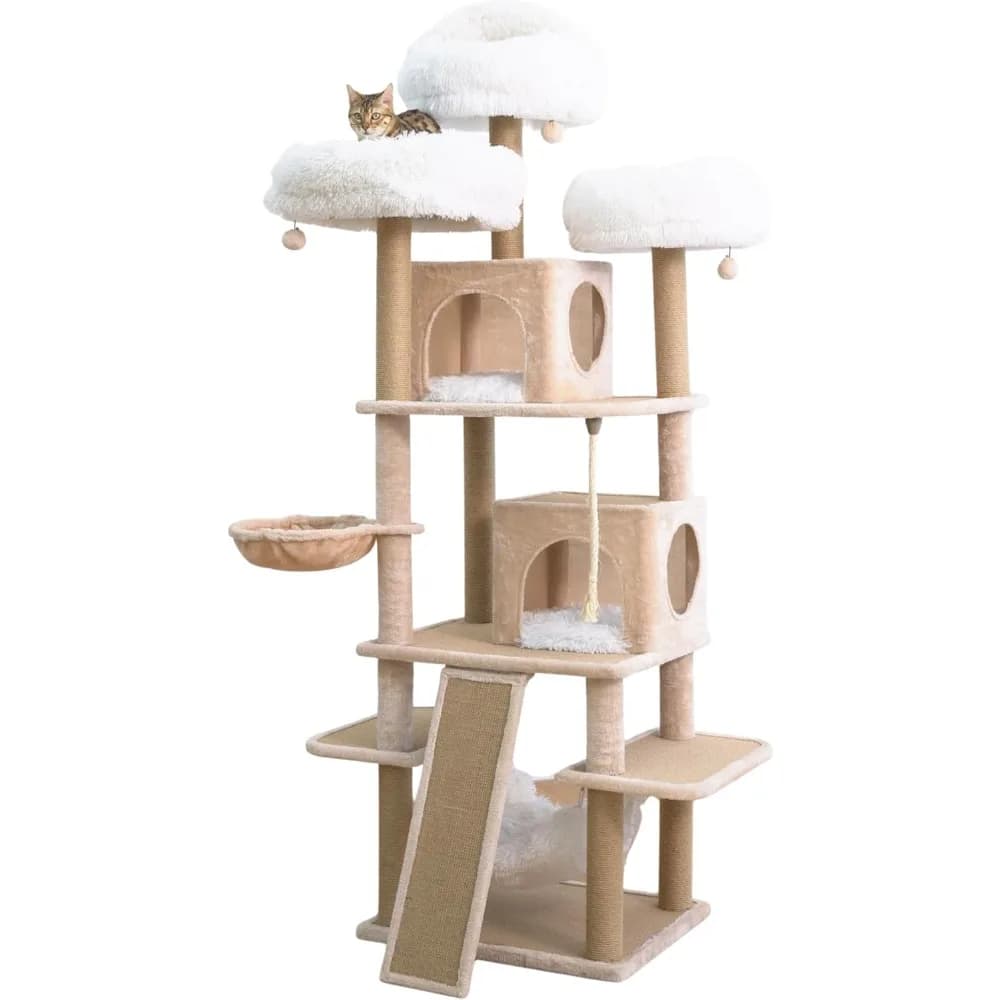 Albero per gatti extra large a 7 livelli alto 74,5 con 2 condotti, 2 amaca, 3 letti superiori lavabili, rampa antigraffio, scrat sostituibile