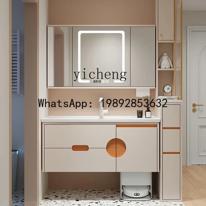 Mobile bagno pieghevole Y1 con specchio Feng Shui a scomparsa, lavabo integrato in ceramica e finitura rovere
