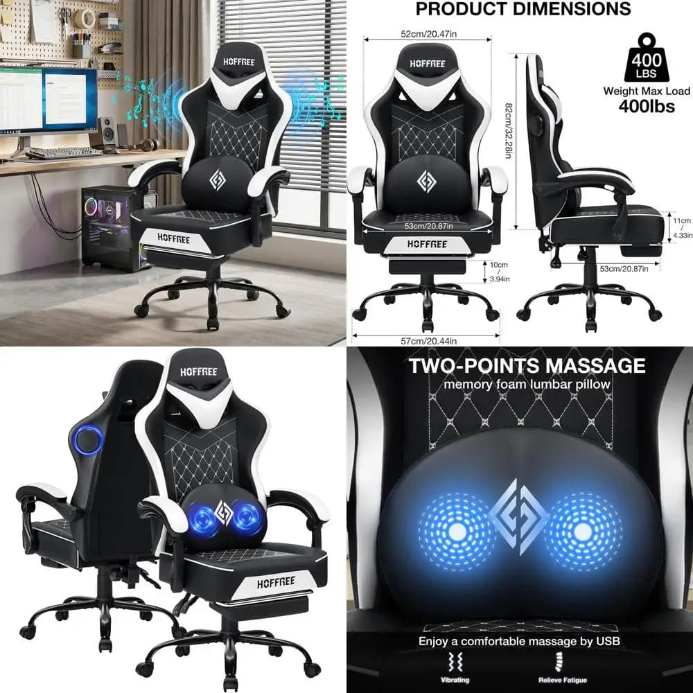 Ergonomic Reclining Gaming Chair with Speakers, Massage, and Spring Cushion for Adults in White and Black