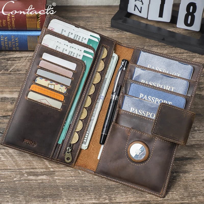 Wallets for Passports in Real Leather CONTACT'S, RFID Card Holder, AirTag Slot, Passport Case, Family Travel Bag