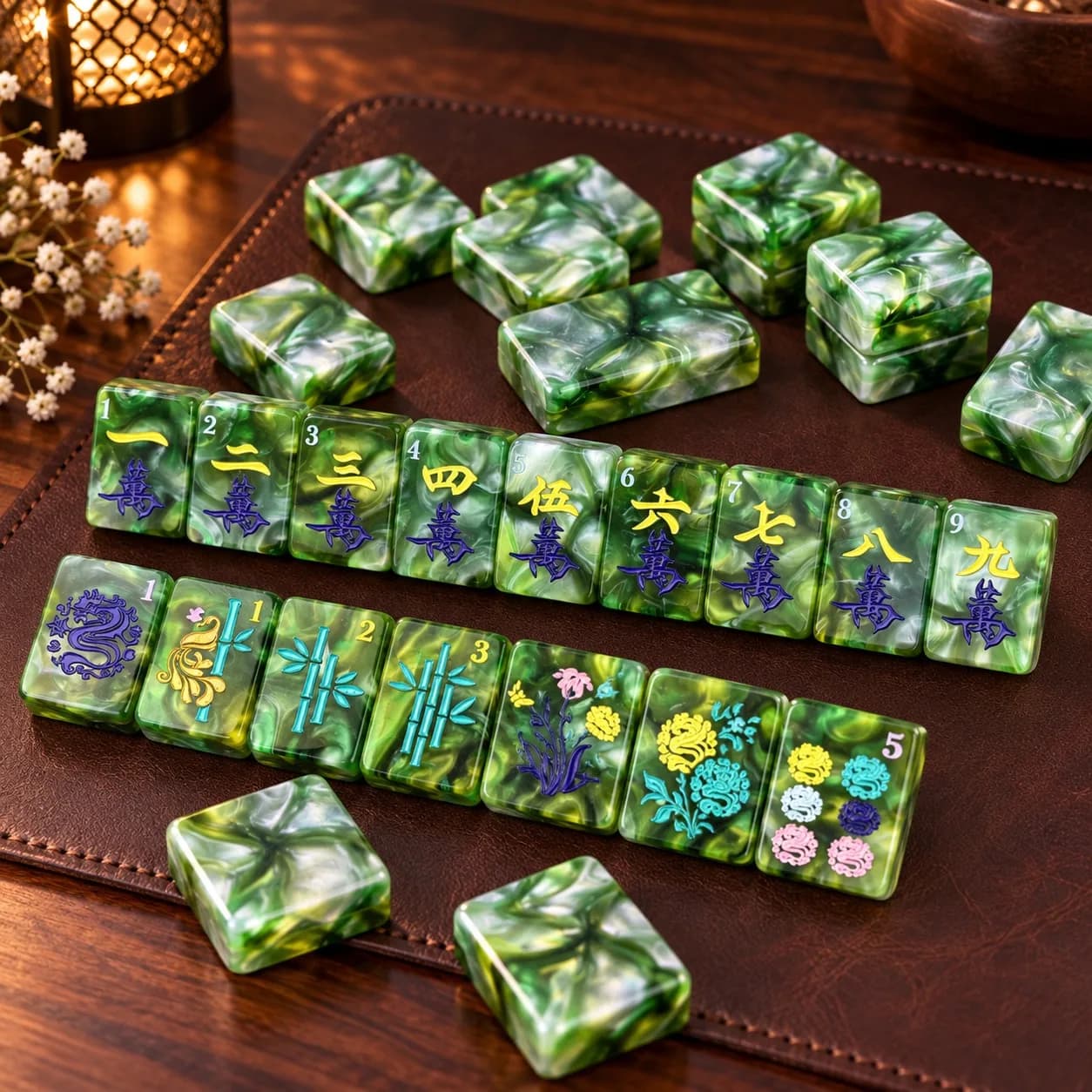 Luxury Forest Green Pearl Acrylic 160pcs American Mahjong Set Deluxe Gift Custom Waterproof Wear-Resistant Mahjong Tiles