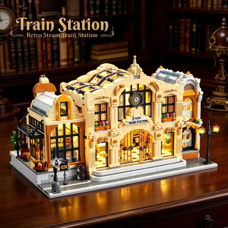 Stazione Ferroviaria Vintage con Blocchi Modulari LED, Kit Modello Architettonico Cittadino, Giocattolo per Ragazzi e Adulti, Regalo per Bambini, 3220 Pezzi