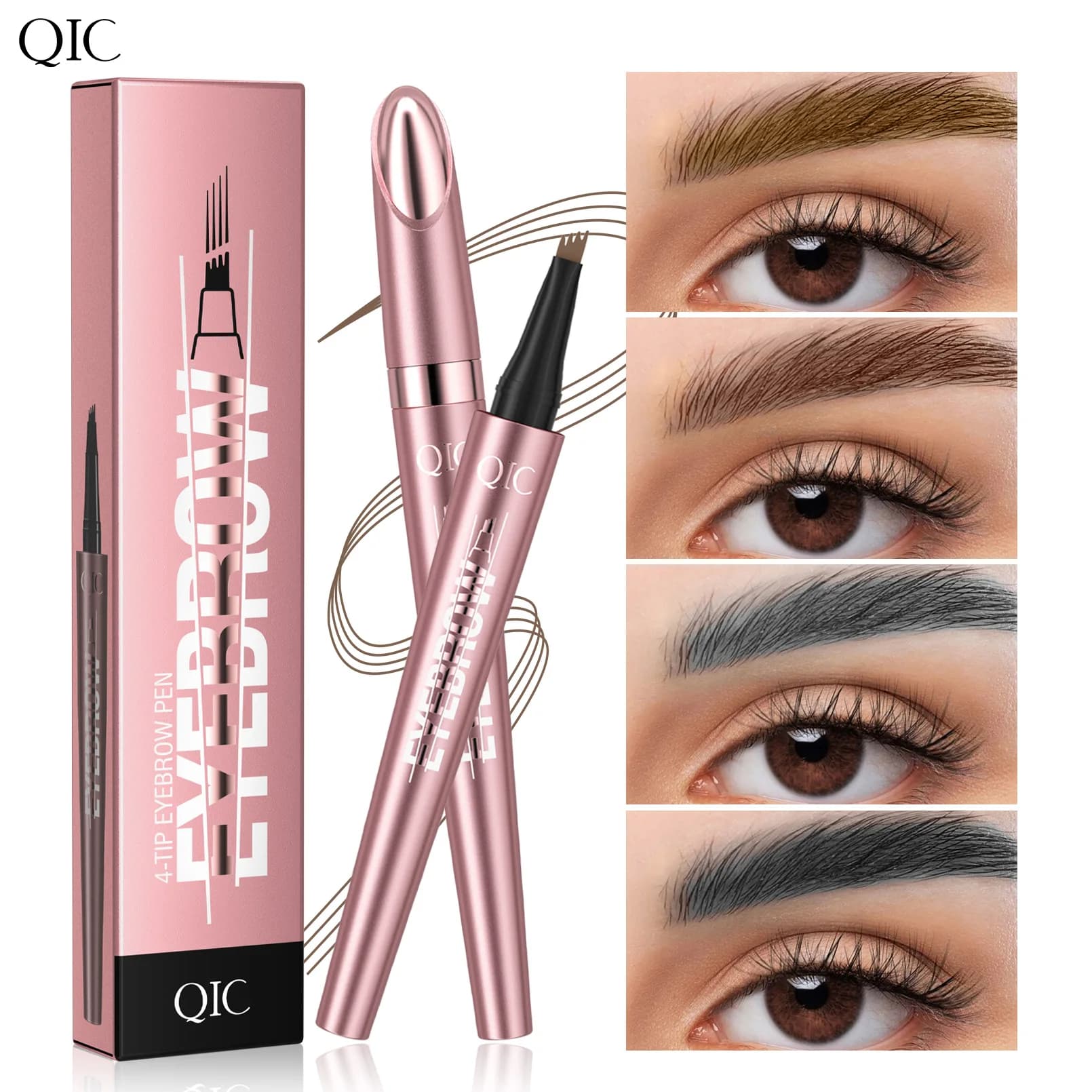 QIC Penna per sopracciglia Microblading impermeabile - 4 teste divise, trucco per sopracciglia dall'aspetto naturale in 6 colori per tutti i tipi di pelle