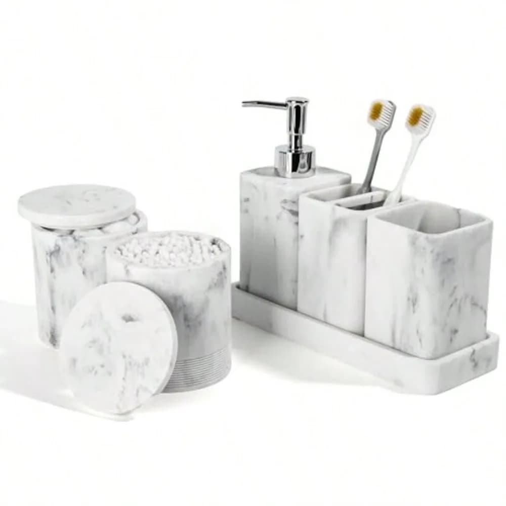 Set di Accessori Bagno 6 Pezzi con Portaspazzolini, Dispenser Sapone, Vassoio, Bicchiere, Contenitori per Bastoncini di Cotone
