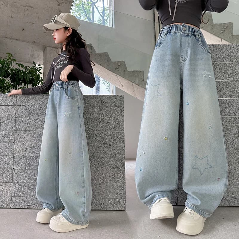 Nuovi Jeans Larghi Primaverili e Autunnali 2026 con Stelle per Ragazze, Pantaloni in Denim alla Moda per Bambini, Abbigliamento Stagionale 5-14 Anni