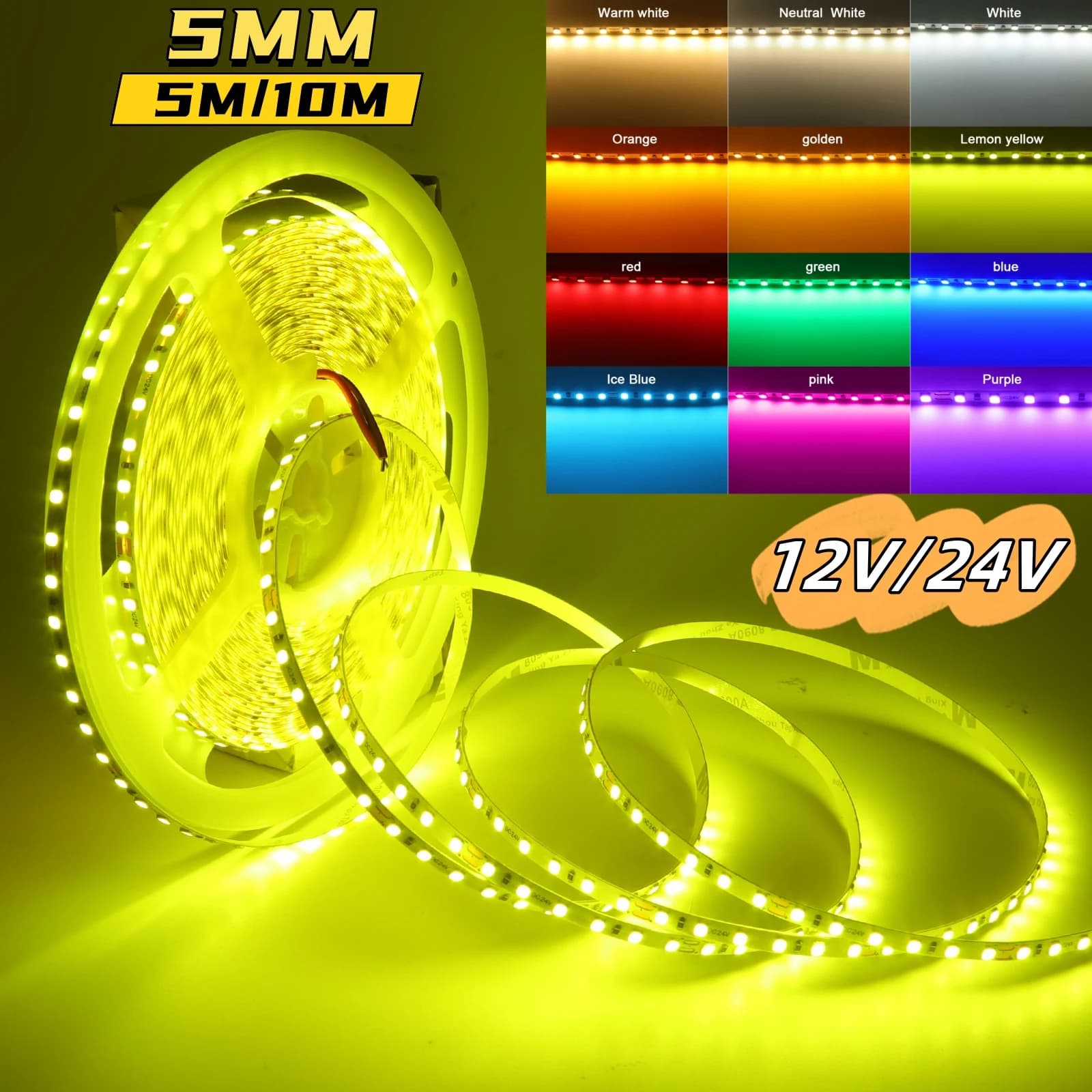 Striscia LED 5M 10M/Rotolo 12V 24V SMD 2835 120LED/M Nastro Flessibile Luci a Corda Ultra Sottile 5MM PCB Barra Luminosa Bianco Caldo Giallo