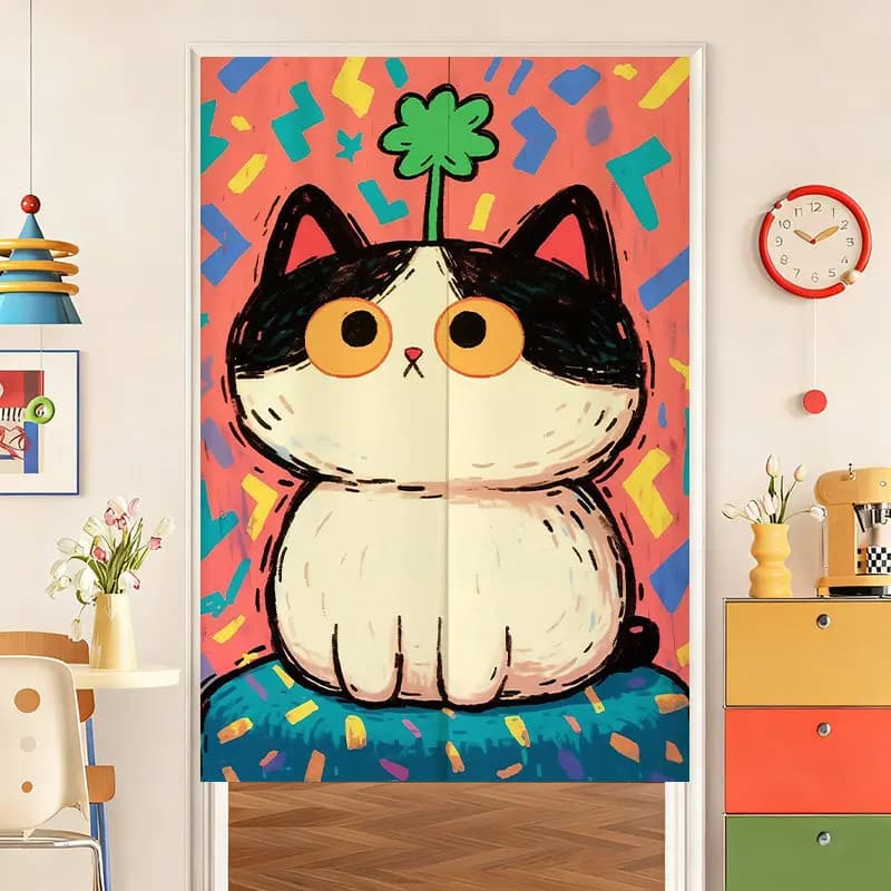 VIKAMA Clover Cat Noren Door Curtain Graffiti Cartoon Print Hanging Curtain Bedroom Door Partition Cute Ins Style Home Decor
