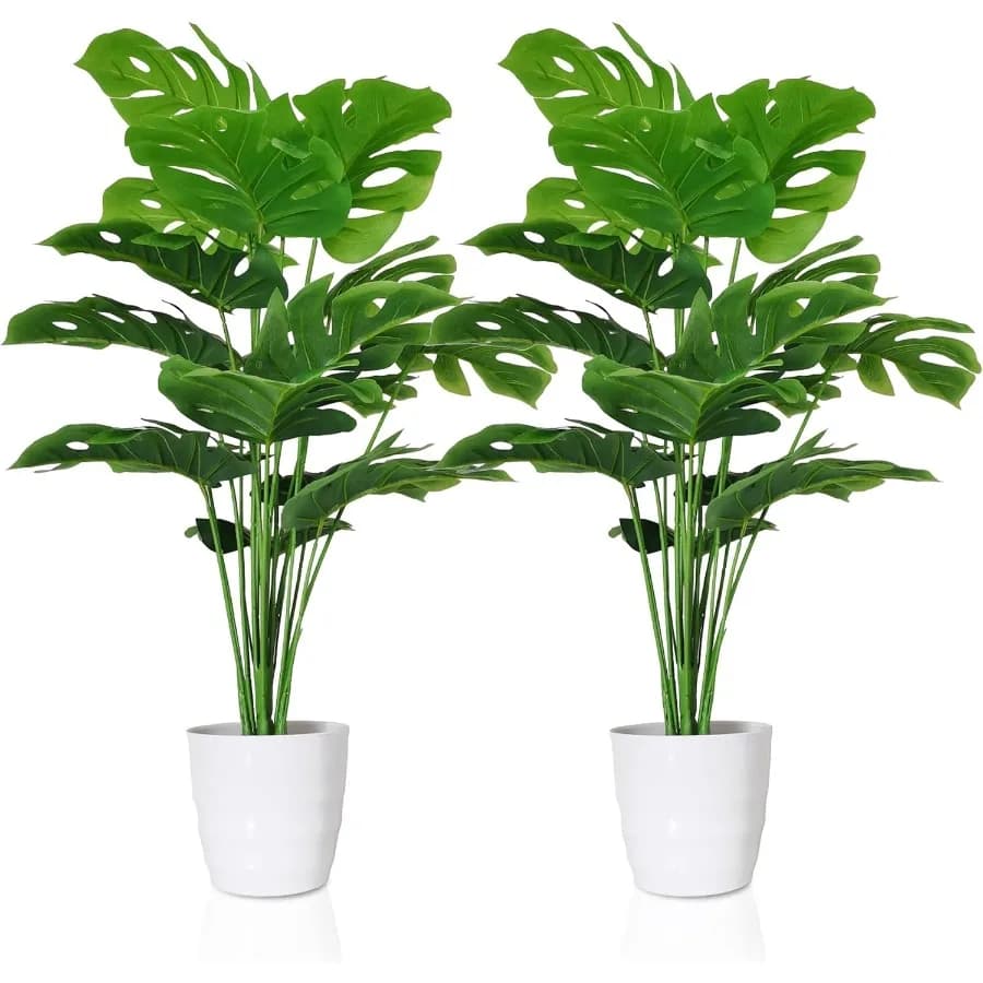 Set of 2 artificial plants Monstera Deliciosa in pots with realistic green leaves and 28 inch fake tropical palm stems