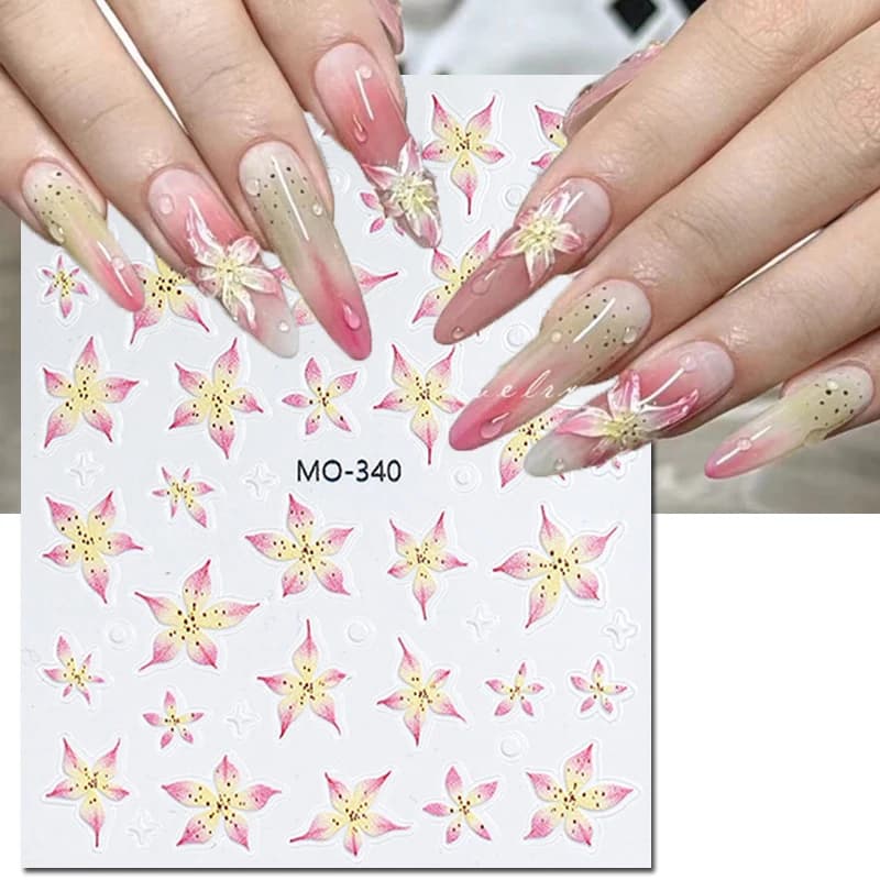 5d Goffratura Adesivi per nail art Gelatina Rosa Viola Verde Lilys Fiori Cursori adesivi Decalcomanie per unghie per punte per manicure Accessori