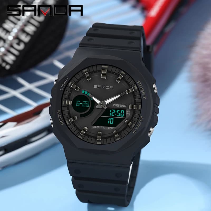 SANDA Top Luxury men's quartz watches waterproof military sports watch Relogio Masculino Dual LED display digital wristwatch