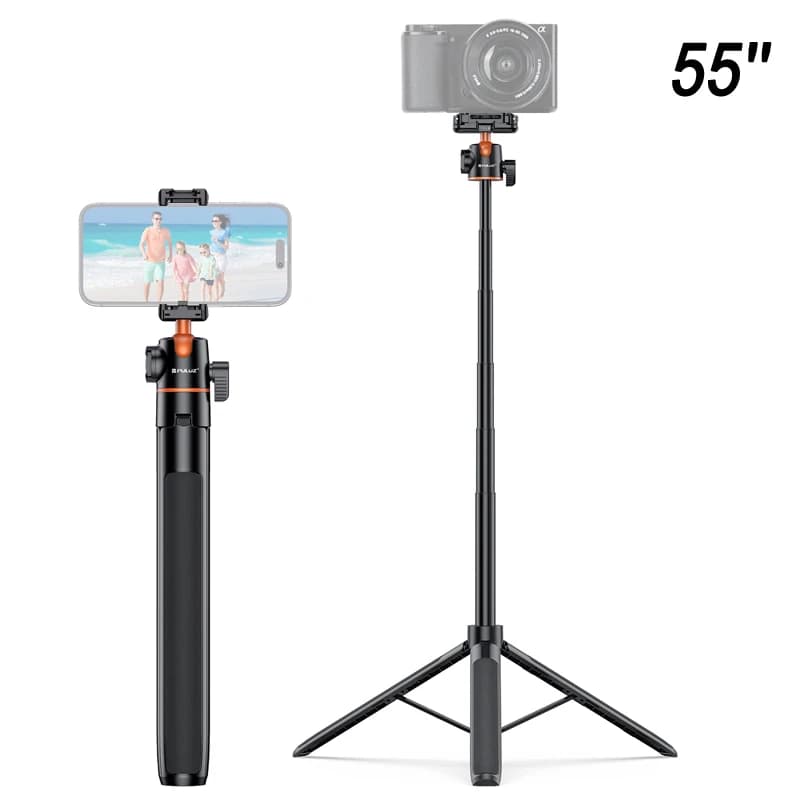 PULUZ Supporto per treppiede per selfie con prolunga per fotocamera da 55 pollici a 5 sezioni con testa a sfera a 360 gradi e clip per telefono (nero)