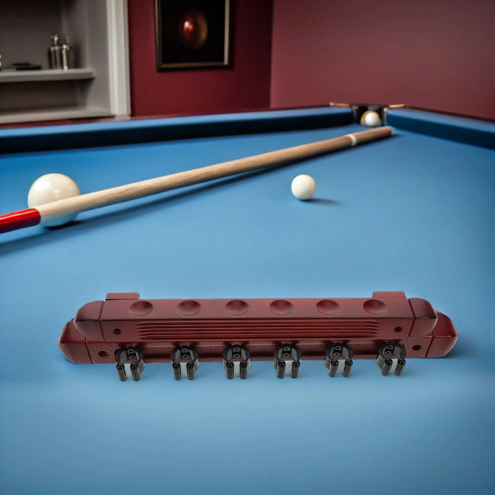 2 Set di Portastecche da Biliardo in Legno Massello da Parete, Finitura Bordeaux, Rastrelliera a 6 Scomparti per Sale Giochi, Bar, Club, Organizzatore per Giocatori di Biliardo