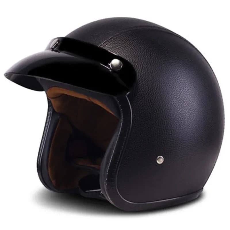 Chopper Bike Helmet for Open Face Motorcycle in Vintage Black Leather 3/4 Safety Equipment for PU Leather Motorcycle for Men and Women