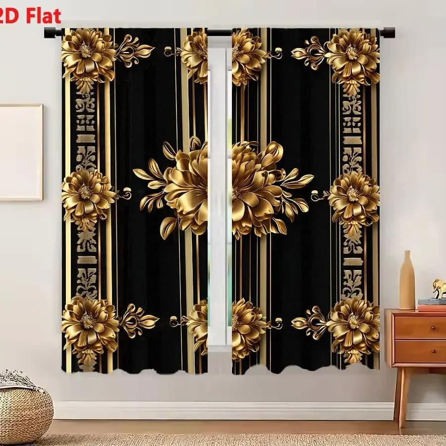2Pcs Curtains 2D Flat Luxurious Golden Floral Motifs On Deep Black Background Symmetrical Baroque Pattern For Wallpaper And Fabr