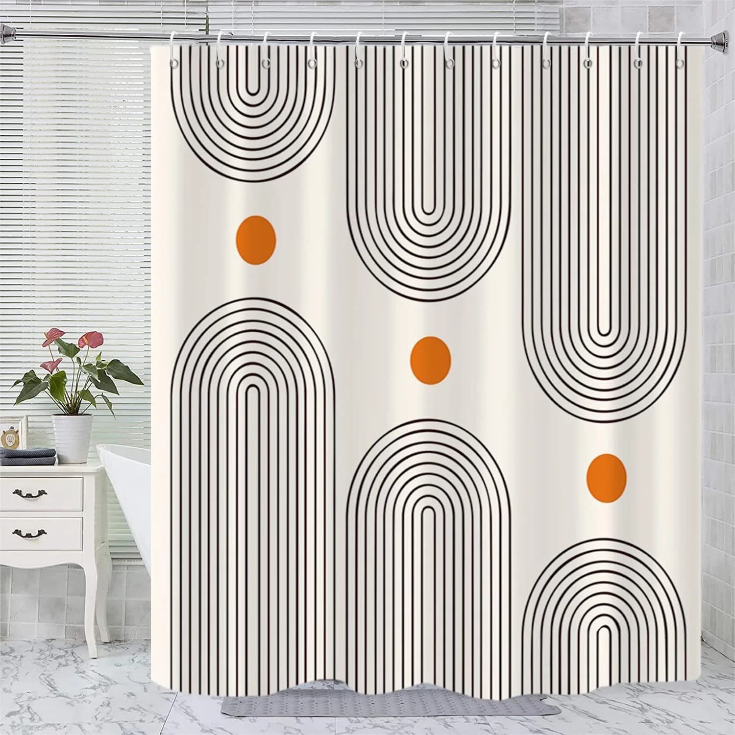 Mid Century Shower Curtain with Abstract Arch Design, Machine Washable Waterproof for Bathroom Decor, 72x72 Inches