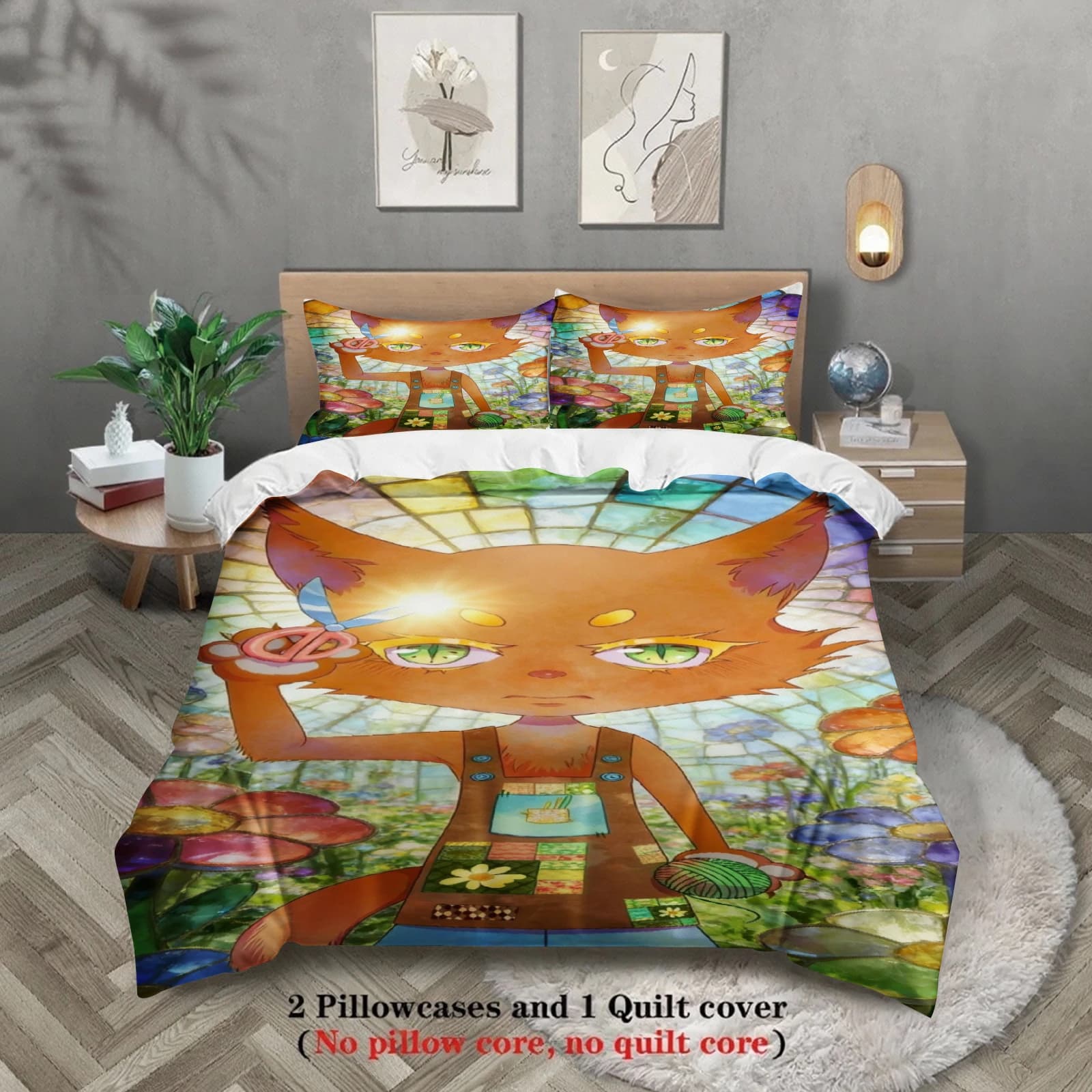 Lovely set of bed linen Softville Cozy Town, pretty duvet with fern and fox pattern, with duvet and pillowcase for the decoration of the children's room