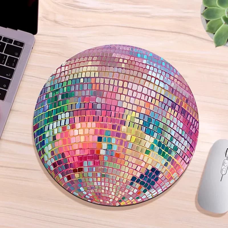 Tappetino per mouse rotondo in gomma rosa con sfera da discoteca - Tappetino da scrivania per laptop da ufficio, bellissimi accessori per il desktop - Tappetino ideale per le amiche