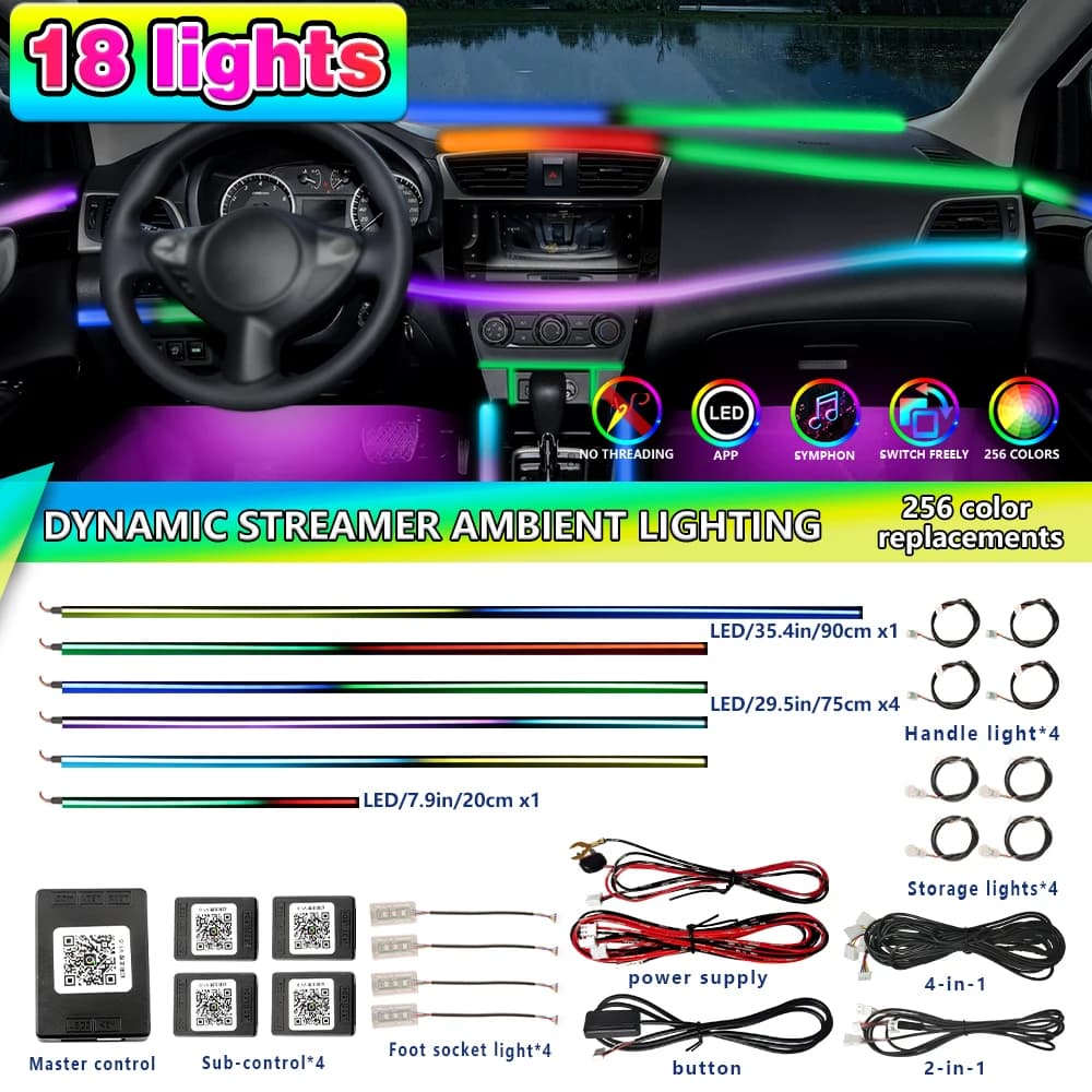 Symphony 18 in 1 Luce ambientale per accessori auto Interni Striscia al neon RGB Colori completi Decorazione Kit di illuminazione per atmosfera tramite app