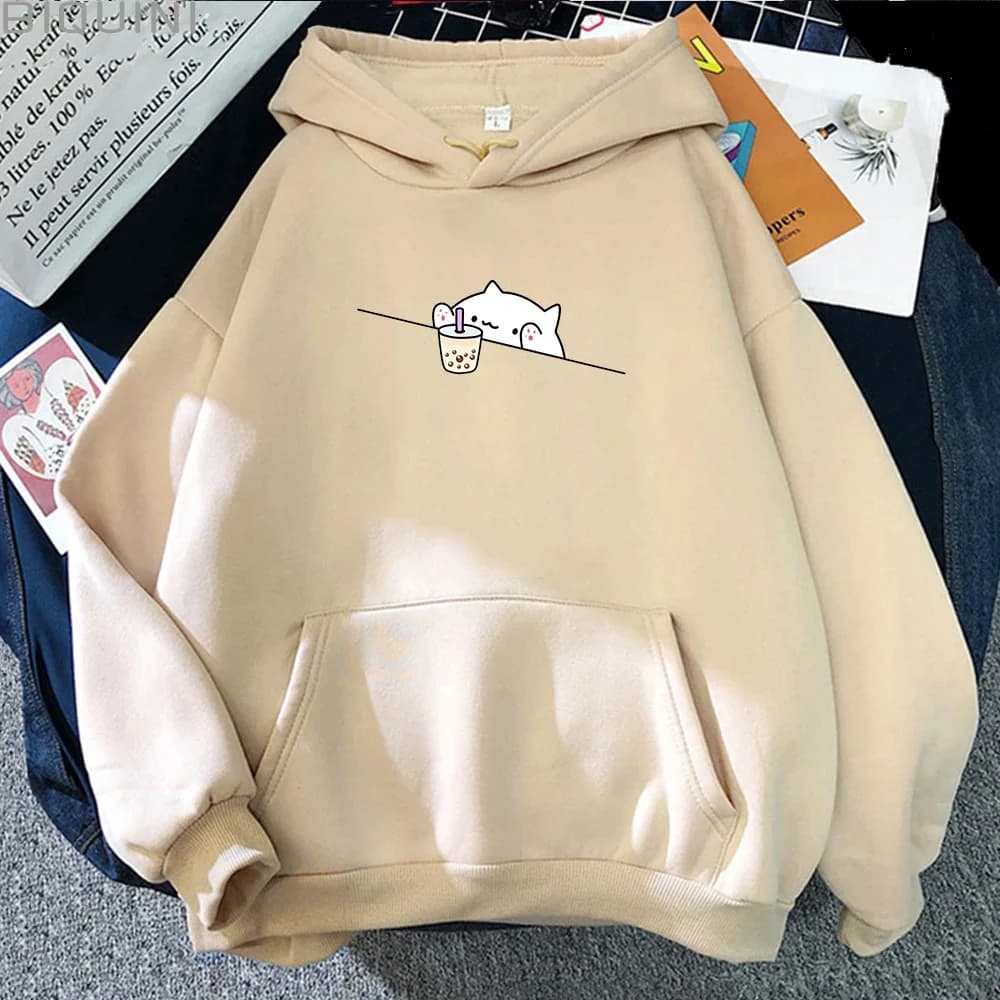 Children Sweatshirts Bubble Tea Graphic Printed Casual Pullover Cartoon Female Hooded Clothes Plus Size Hoodie Kawaii Cat Boba
