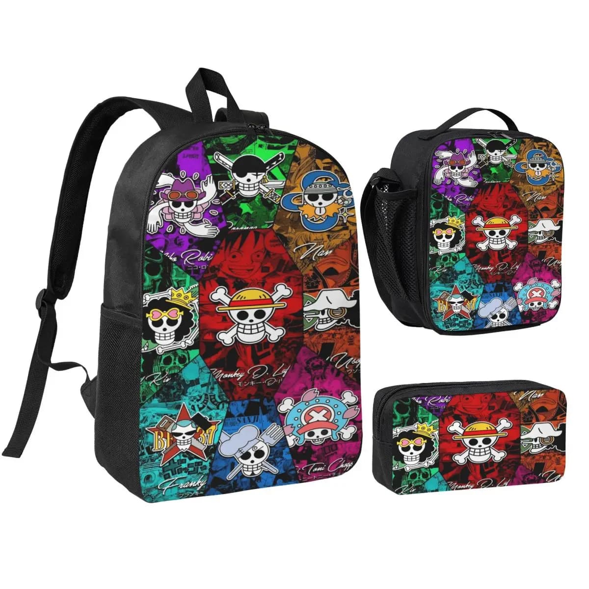 Set di 3 zaini Luffy One Piece per bambini, con astucci, borsa per libri e borsa termica per il pranzo, per studenti.