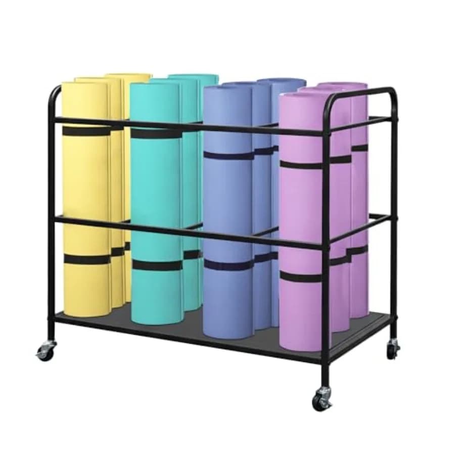 Cesto porta tappetini yoga con ruote, organizer tutto in uno per tappetini yoga, carrello portaoggetti per attrezzi da palestra domestica e manubri