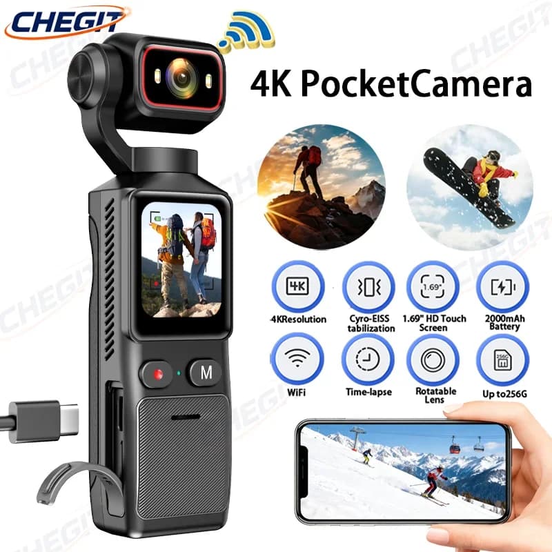 4K Portable Action Camera with 1.69''' Touchscreen Pocket Video Recording 2000mAh Ideal Gift for Vacation