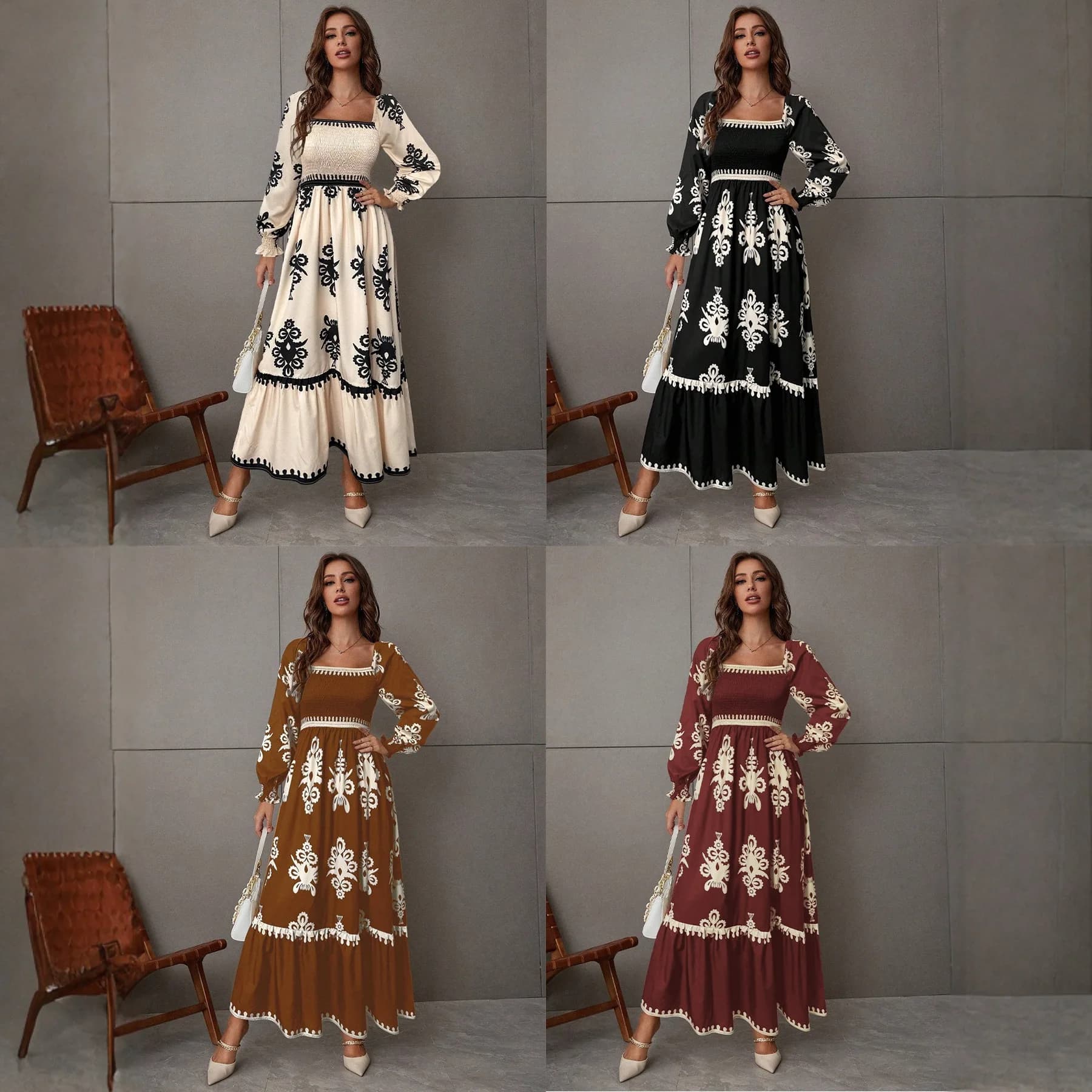 Nuovo Abito Lungo da Donna Boho Ricamato con Scollo Quadrato, Vita Arricciata e Balze, Ideale per Vacanze e Feste