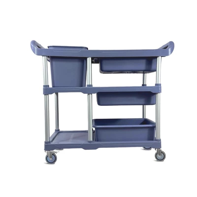 Carrello da pranzo per ristorante dell'hotel Carrello mobile in plastica per prelievo di pasti a tre strati con raccolta di ciotole silenziose del bidone della spazzatura
