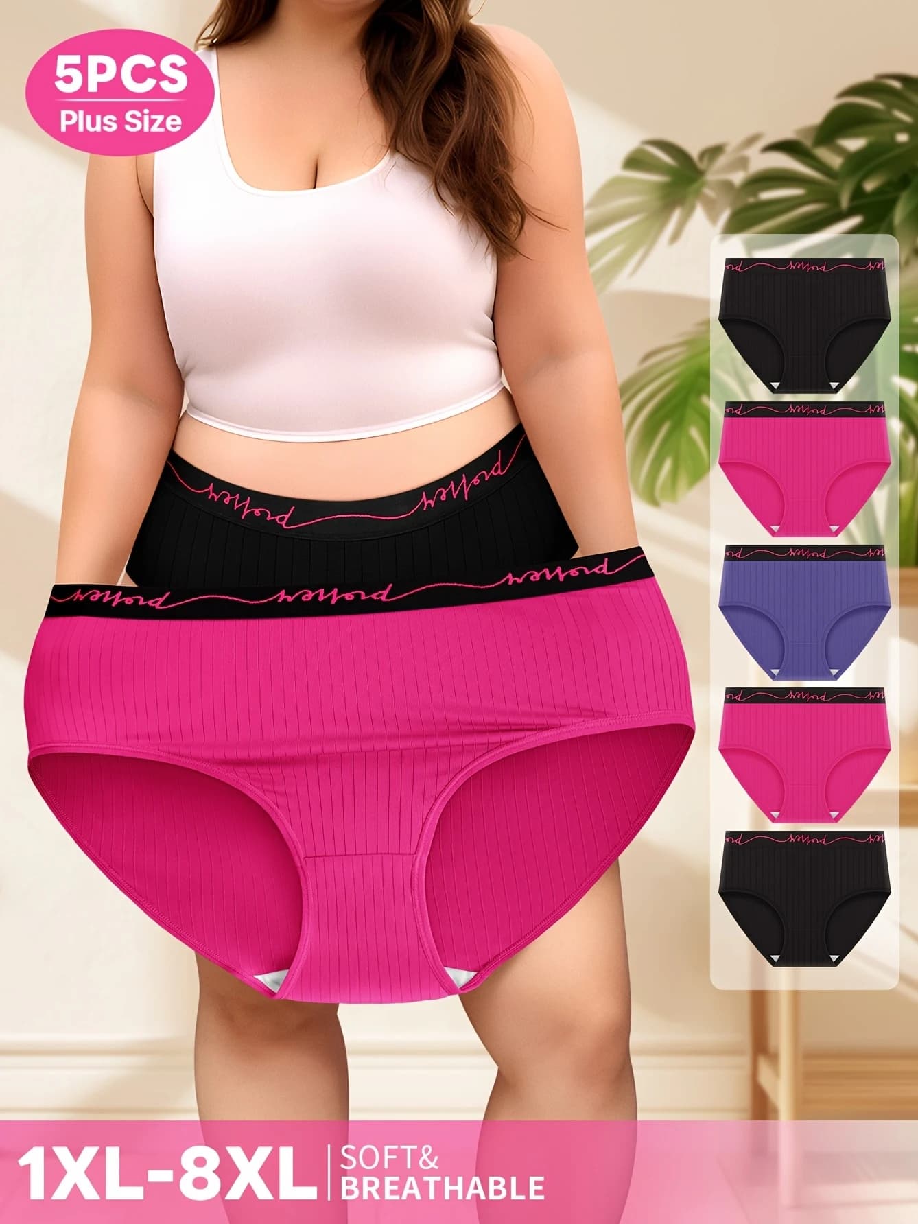 Confezione da 5 biancheria intima da donna taglie forti con design a vita media, con cintura con lettere e strisce verticali.