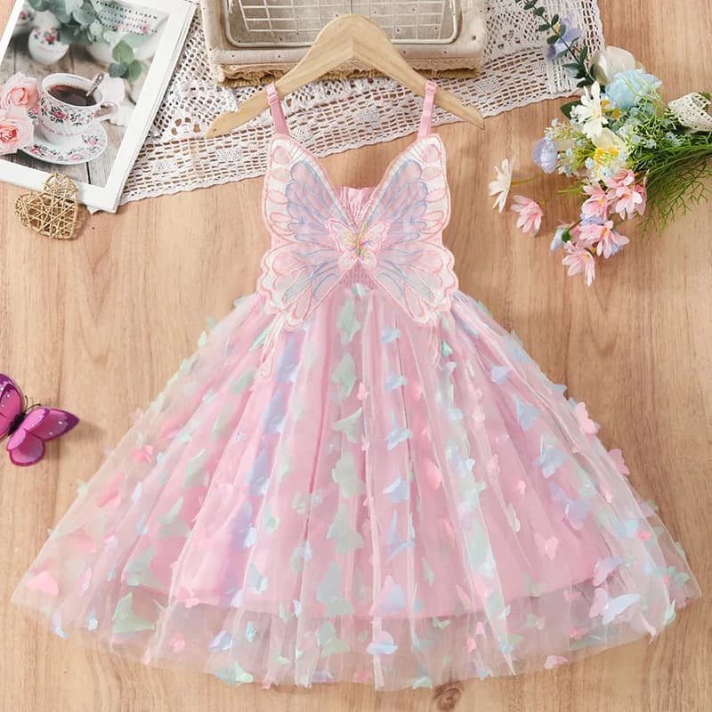 Abito da principessa in garza con grandi ali di farfalla per neonate. Abito estivo per bambini senza maniche in tulle con fionda. Abito da festa di compleanno per bambini