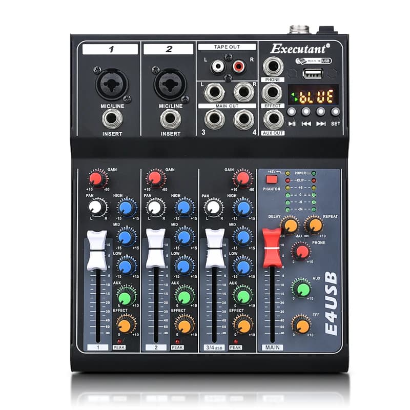 Mixer Audio Professionale a 4 Canali con Bluetooth Integrato ed Effetto Riverbero per Performance sul Palco e Uso Domestico