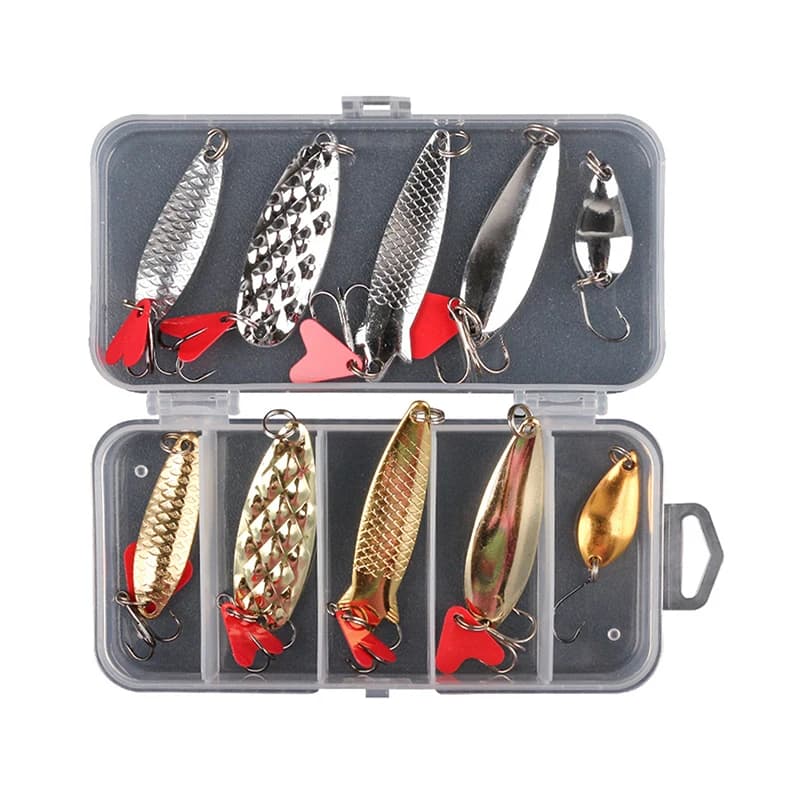 Set of 5 Metal Fishing baits, Jig Spoon Spinner Wobbler with Kit Box Fishing Tools