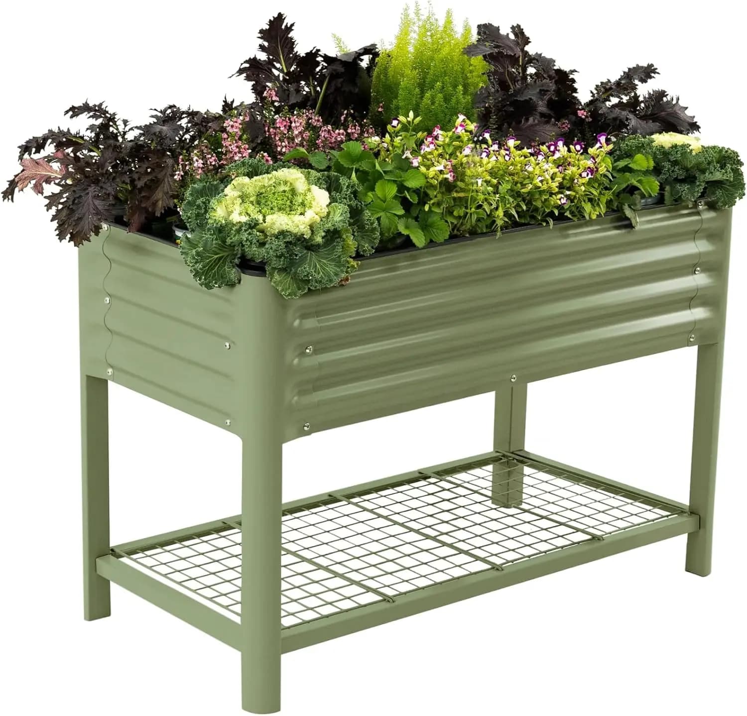 Elevated Raised Garden Bed, 2x4 ft with Legs & Storage Rack, 700 lbs Capacity, Outdoor Planter Box for Herbs Vegetables Flowers, Olive Green