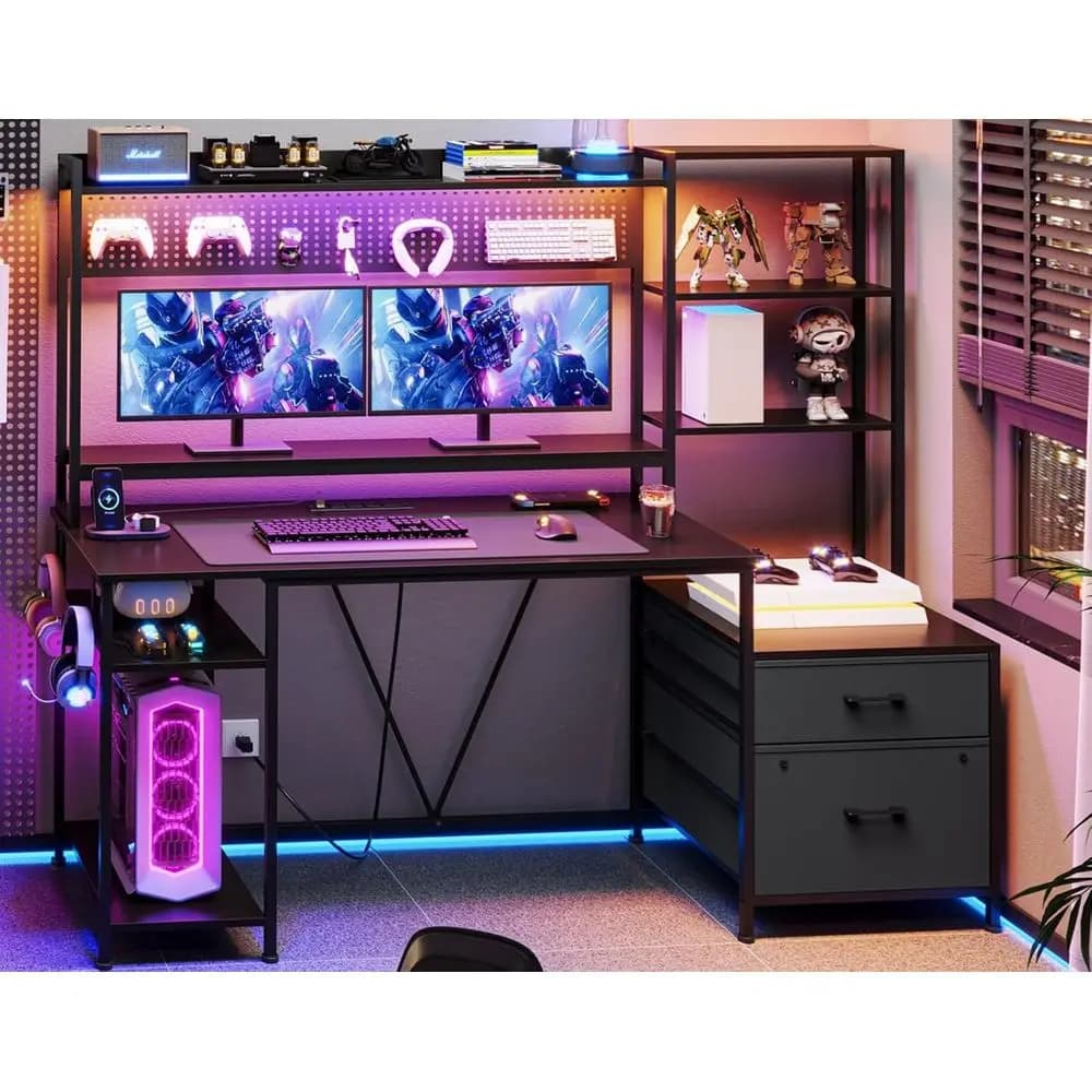 65 Reversible Gaming Desk with LED Light, Power Outlets, Monitor Stand, Storage Shelves, and Pegboard Hooks (Black)