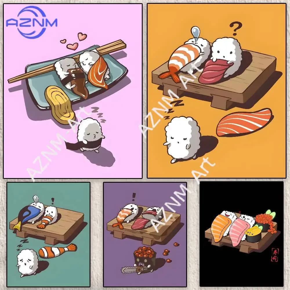 Poster con illustrazioni di Sushi Foodie, decorazione da parete moderna impermeabile HD, decorazione estetica autoadesiva per la casa, soggiorno, camera da letto