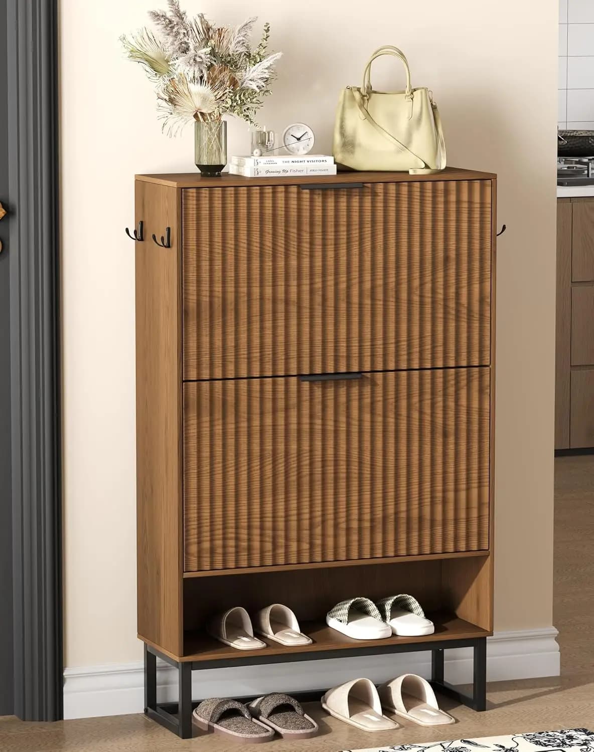 Slim Fluted Shoe Cabinet with Concealed Storage, Metal Legs, 2 Tilt-Out Drawers, Walnut Finish, Ideal for Entryway, Hallway, Living Room
