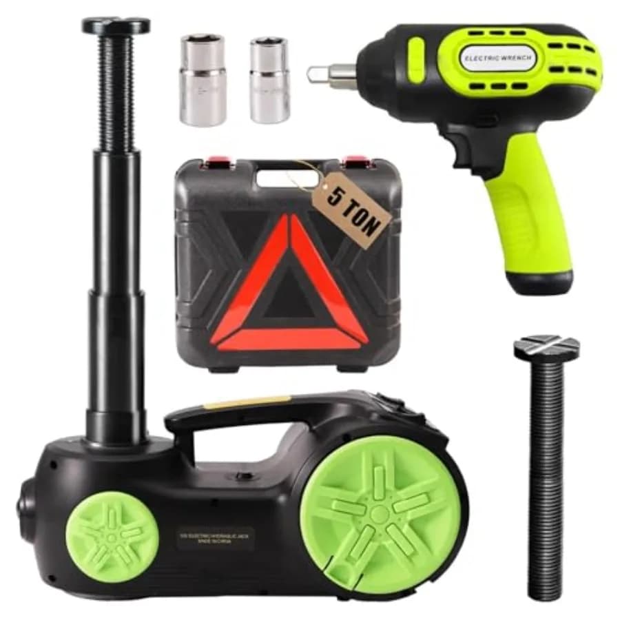 Kit Sollevatore Idraulico Elettrico per Auto Potenziato 5 Tonnellate 12V Portatile con Chiave a Impatto e Pompa Gonfiagomme, Altezza di Sollevamento 20.9 Pollici