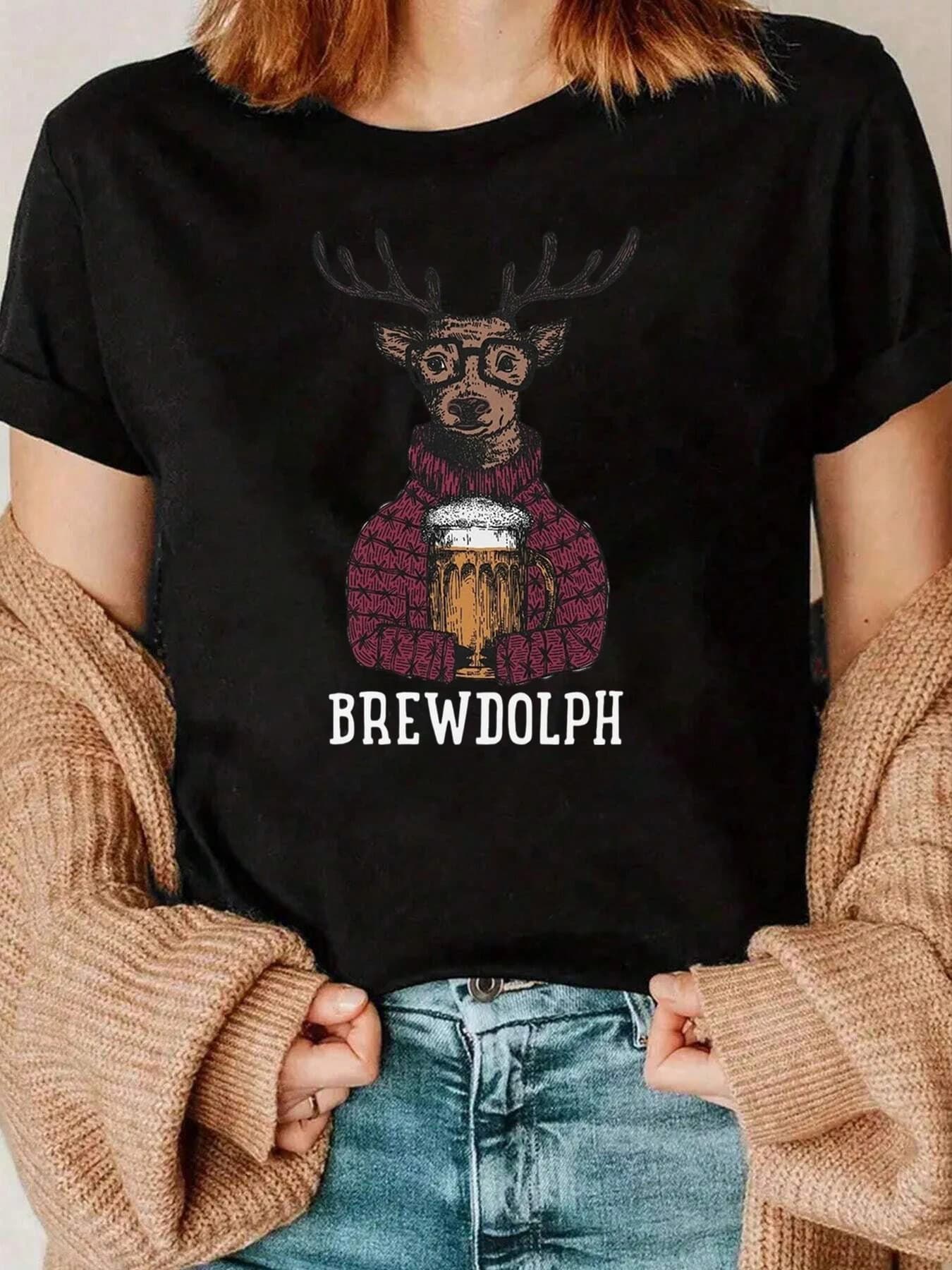Renna con boccale di birra Brewdolph T-shirt grafica natalizia Festa per le donne 220g