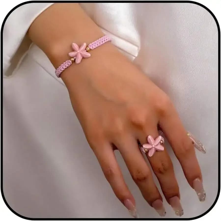 Set di braccialetti e anelli con ciondolo a forma di stella marina rosa per donna, gioielli da spiaggia in stile boho