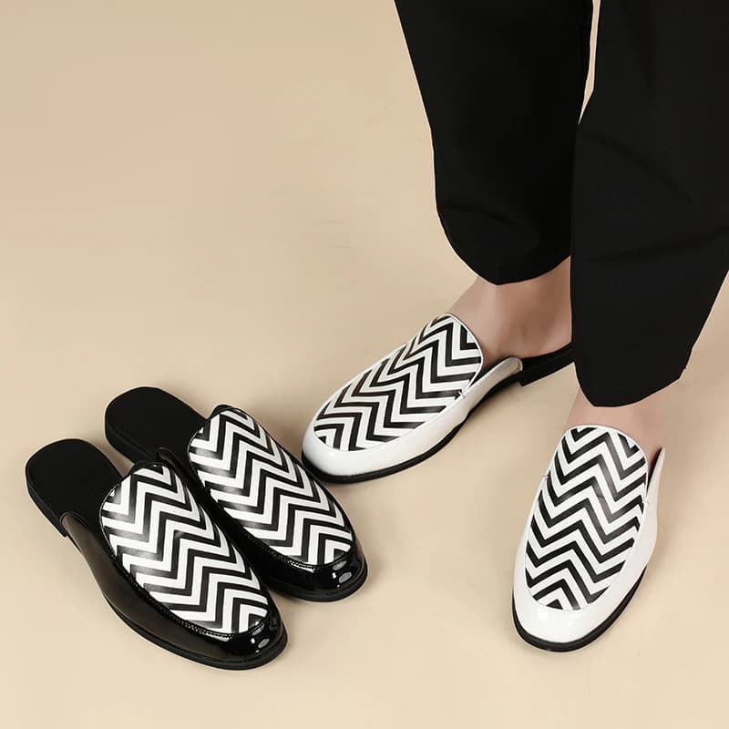 Fashion Leather Slippers for Men Closed-toe Striped Printed Half Slippers Mens Casual Leather Shoes Backless Slip Ons Loafers