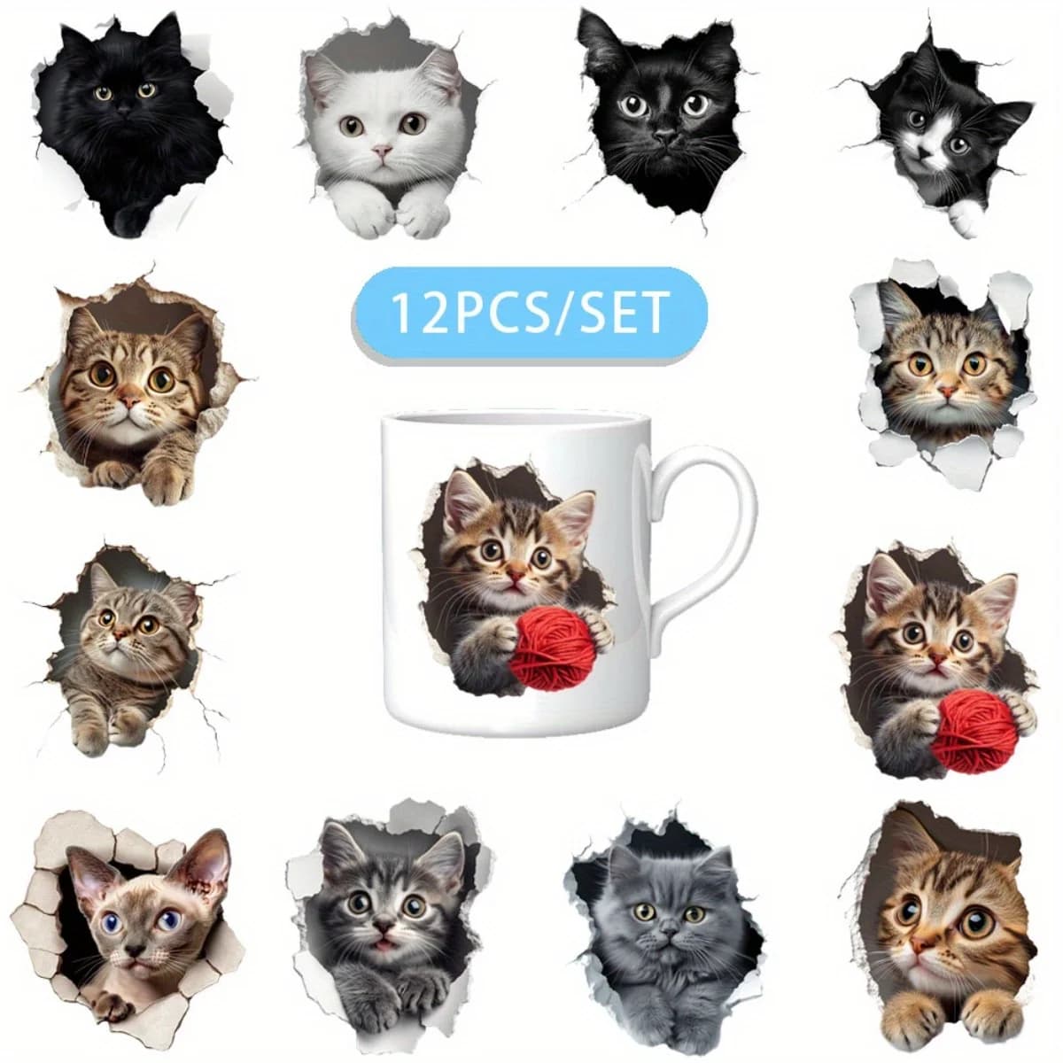 Set da 12 Pezzi di Carta Adesiva Decorativa 3D per Bicchieri con Gatto che Apre la Porta, Carta Transfer UV DTF Altamente Autoadesiva