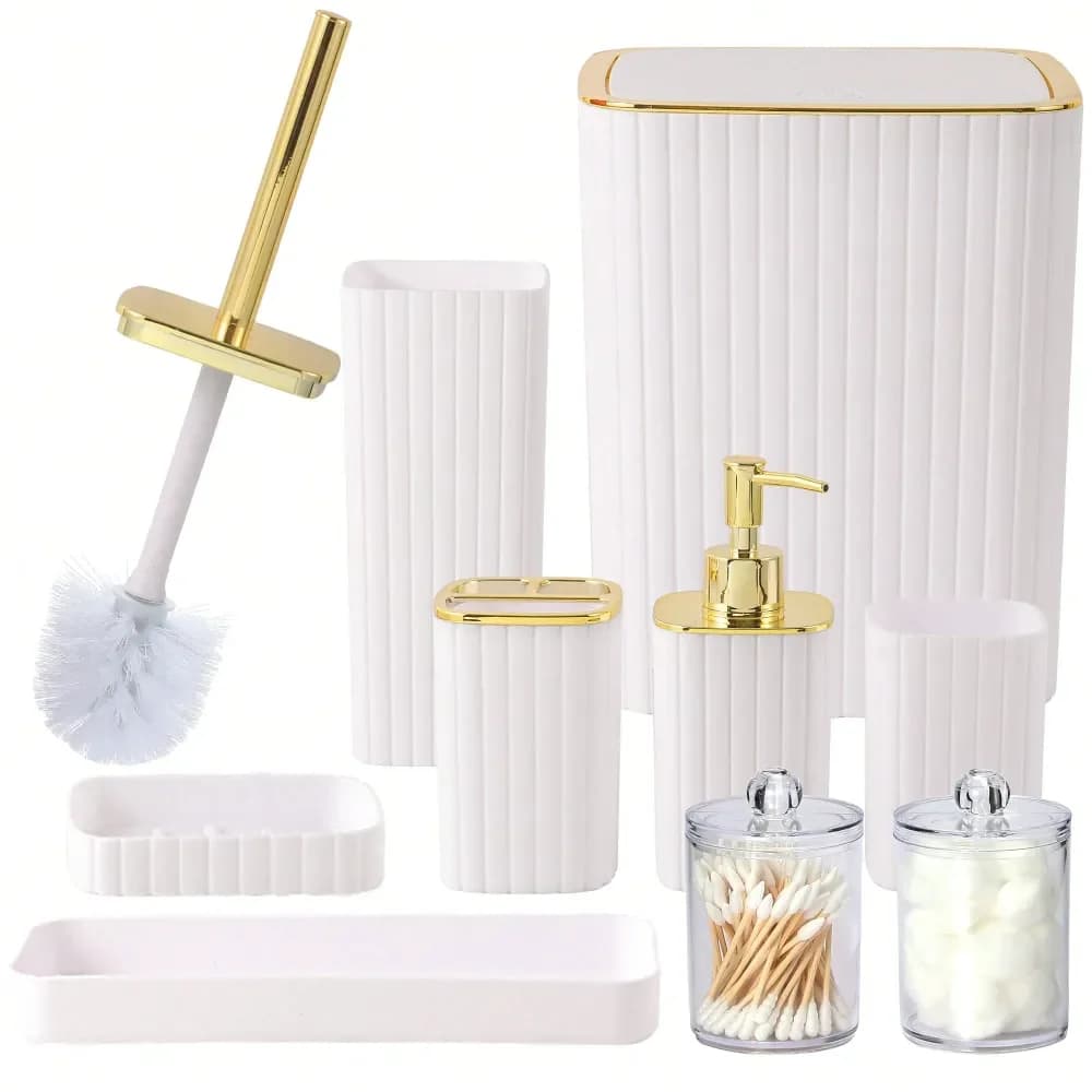 Set di accessori da bagno dorati, set di accessori da bagno bianchi, dotato di porta spazzolino, bicchiere per collutorio, dispenser per sapone