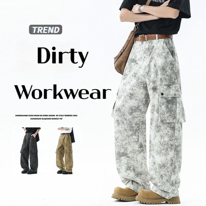 Men's white wide jeans Printed dirty Grunge Y2K Denim pants wide Harajuku jeans streetwear oversize by men
