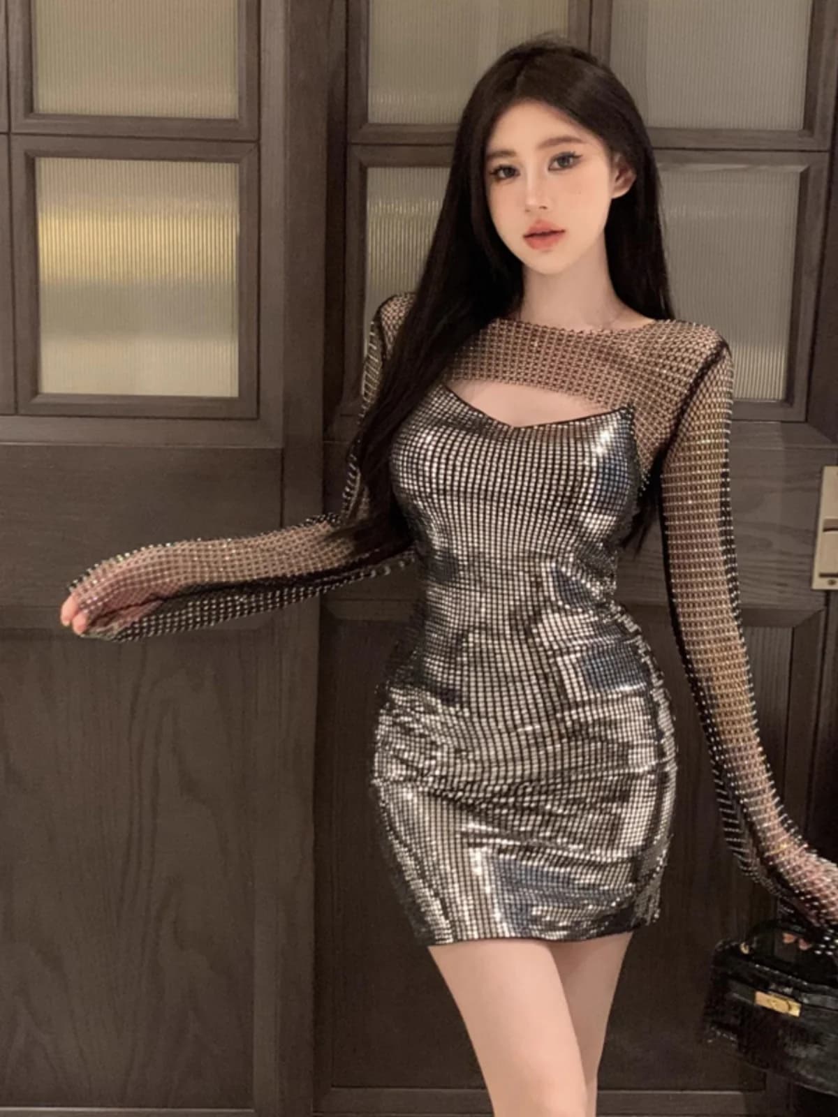Fashionable Mesh Diamond Short Top And Skirt Set Women's Summer Outfit Bright Sequin Tube Top Shoulder Pad Spring Sunscreen E...