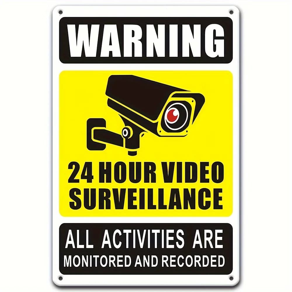 24 hour video surveillance warning signal, 7 days a week: durable iron metal with safety camera icon, outdoor wall decoration for home, bedroom,