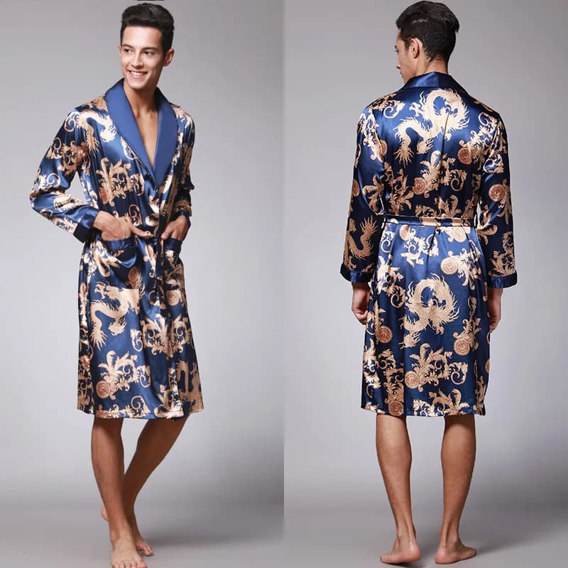 Men's bathrobes Spring Summer, Pigiama Printed to Long sleeves, Nightwear in Silk satin with belt MY1165